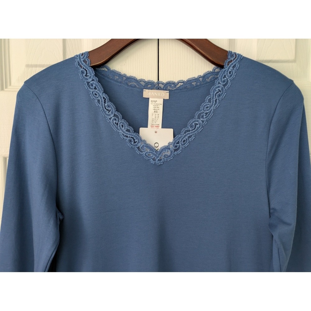 Hanro 77162 Moments Lace Trim Cotton Nightgown Cotton Size XS True Navy NWT $195 - Picture 2 of 7